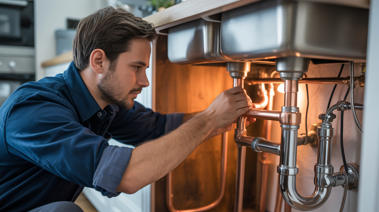 Professional plumber working on copper pipes in a modern home